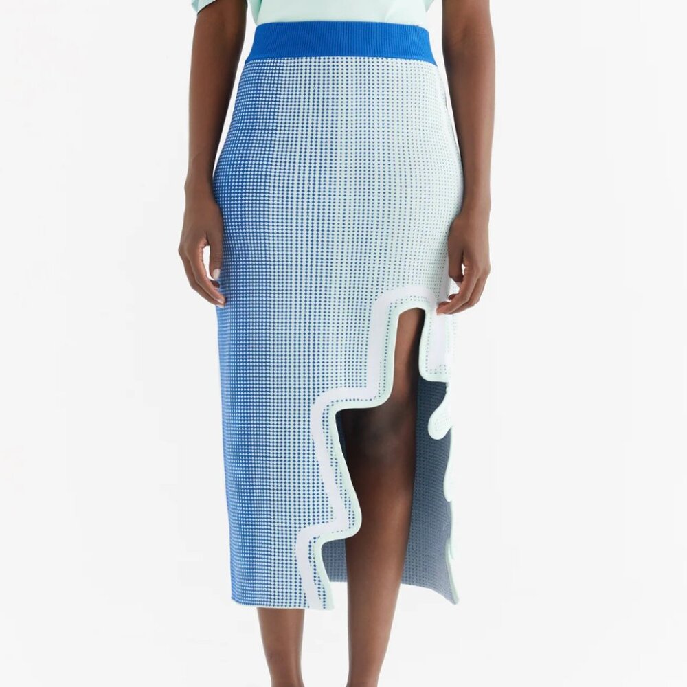 PH5 Midi Skirt Blue White Dot Graphic Print Gradient Rago Knit Wavy Hem Long S